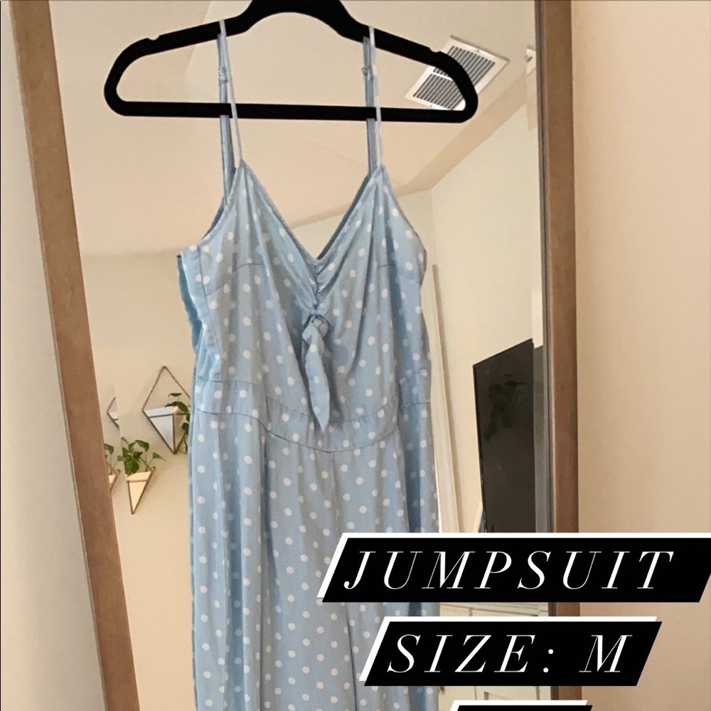 Blue and white polka dot jumpsuit